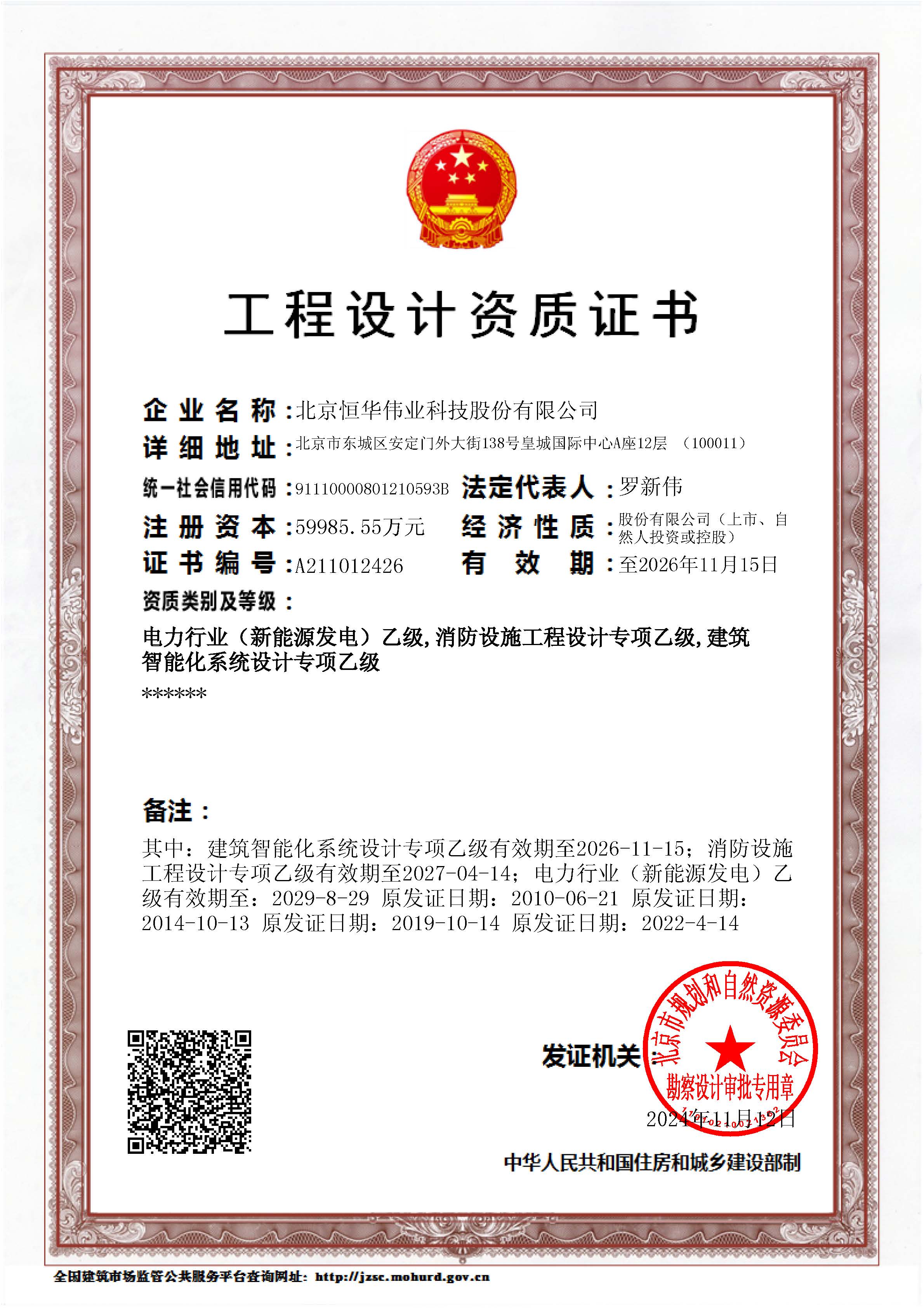 工程设计乙级（电力行业（新能源发电）专业、建筑智能化系统设计专项、消防设施工程设计专项）